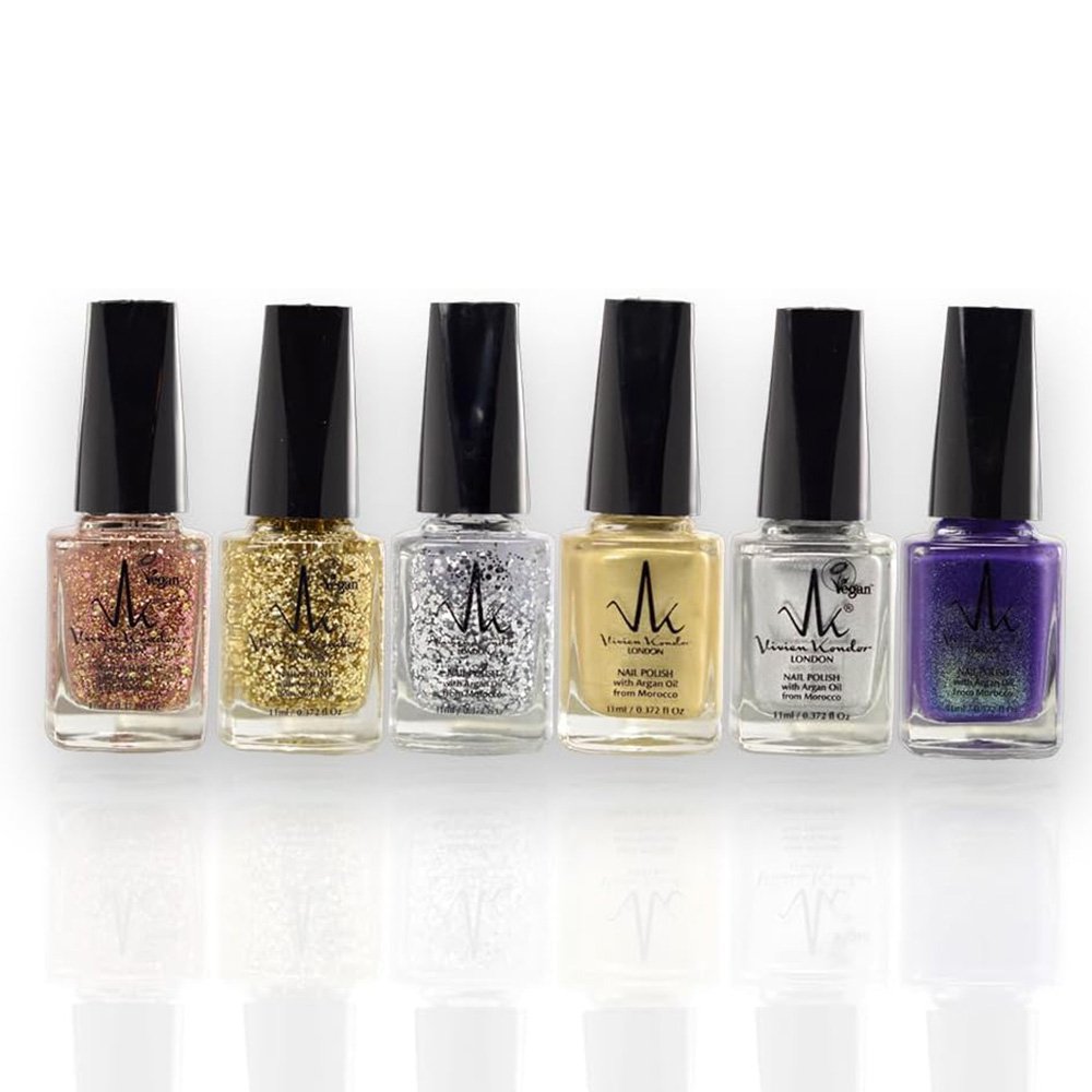 Set of 6 - Argan Care Nail Polish (Royal Purple, Rose Gold Glitter, Gold Glitter, Silver Glitter, Metallic Gold, Metallic Silver)