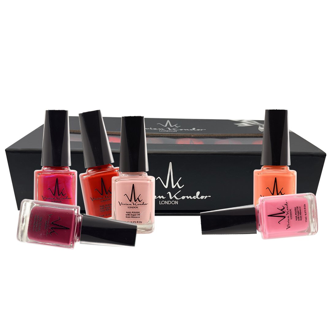 (6 Pack) Vegan Nail Polish Long Lasting Chip Resistant Shiny Nail polish infused with Argan Oil (Candy Pink, Blood Red, Coral, Magenta, Baby Pink, Crimson)