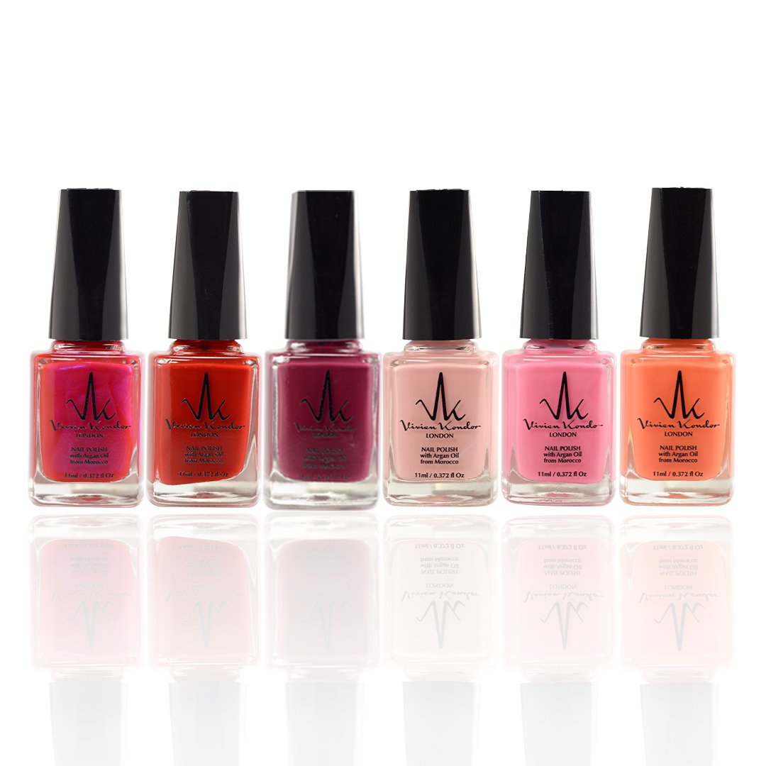 (6 Pack) Vegan Nail Polish Long Lasting Chip Resistant Shiny Nail polish infused with Argan Oil (Candy Pink, Blood Red, Coral, Magenta, Baby Pink, Crimson)