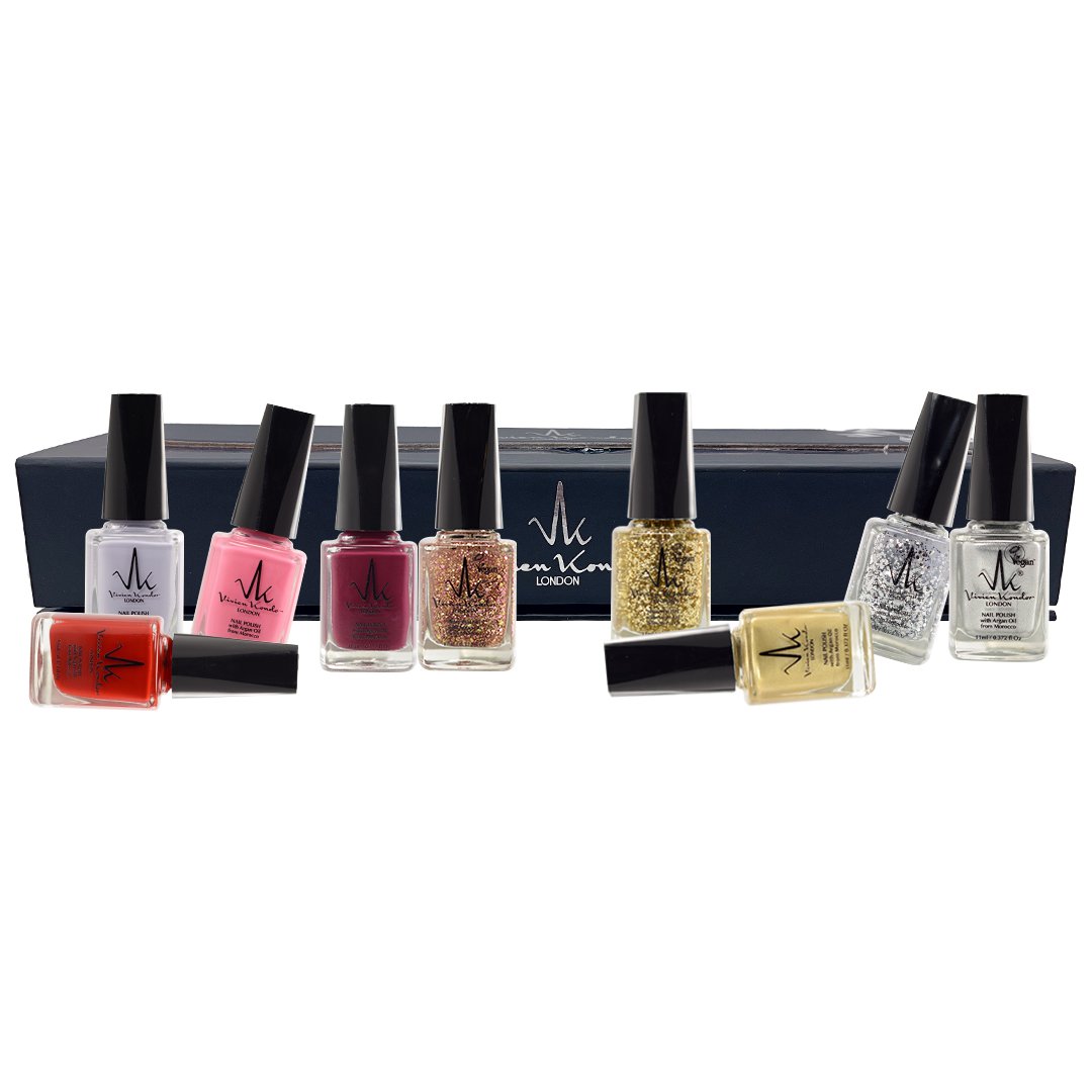 box of 9 - Rose Gold Glitter, Gold Glitter, Silver Glitter, Metallic Gold, Metallic Silver, Candy Pink, Sangria, Blood Red, Lilac Whispers.