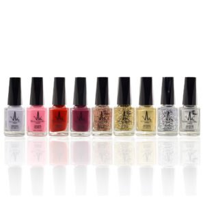 Rose Gold Glitter, Gold Glitter, Silver Glitter, Metallic Gold, Metallic Silver, Candy Pink, Sangria, Blood Red, Lilac Whispers.